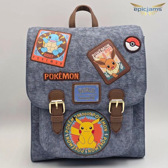 Loungefly Pokémon Pikachu Eevee Squirtle Patches Blue Denim Mini Backpack Bag - Picture 1 of 11